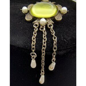 Vintage Silver-Tone Brooch W/ Yellow Glass Cabochon Faux Pearl Accents & Chain
